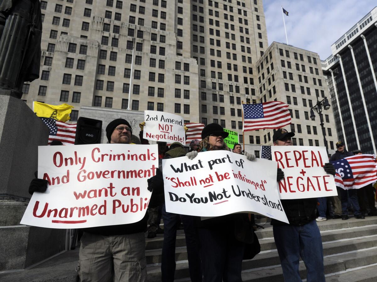 Demonstrators rally outside the Capitol in Albany, N.Y. to assert their right to own firearms and to denounce recent gun-control efforts.