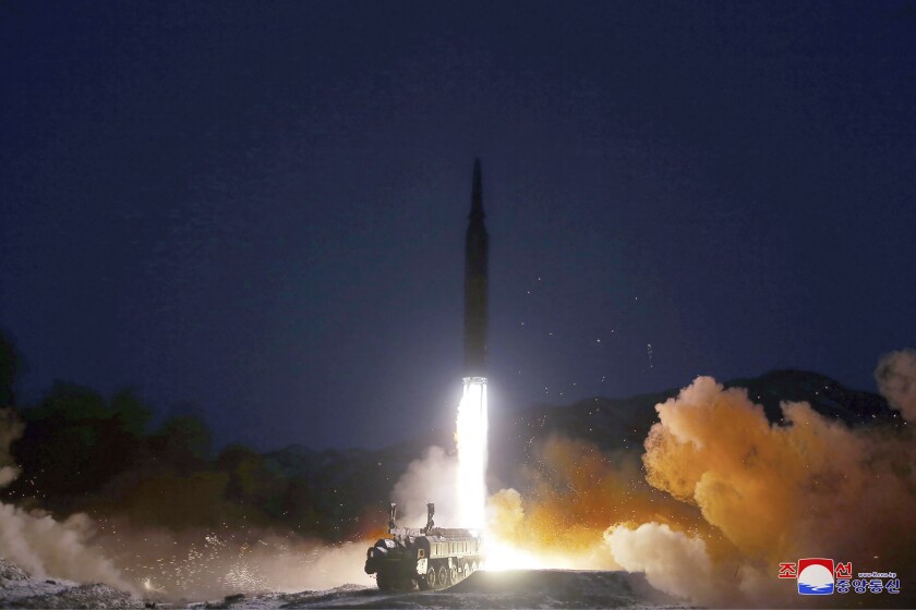 This photo provided by the North Korean government shows what it says a test launch of a hypersonic missile on Jan. 11, 2022 in North Korea. Independent journalists were not given access to cover the event depicted in this image distributed by the North Korean government. The content of this image is as provided and cannot be independently verified. Korean language watermark on image as provided by source reads: "KCNA" which is the abbreviation for Korean Central News Agency. (Korean Central News Agency/Korea News Service via AP)