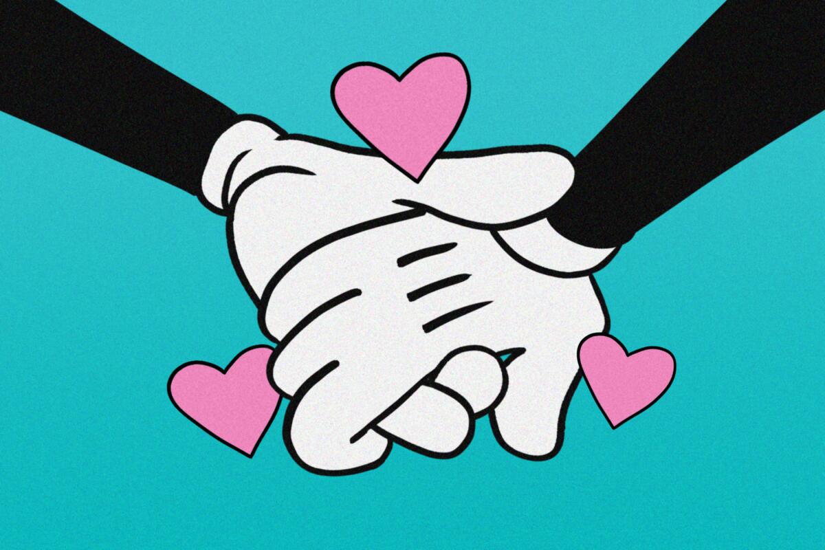 Two cartoon-style gloved hands hold each other amid pink hearts.