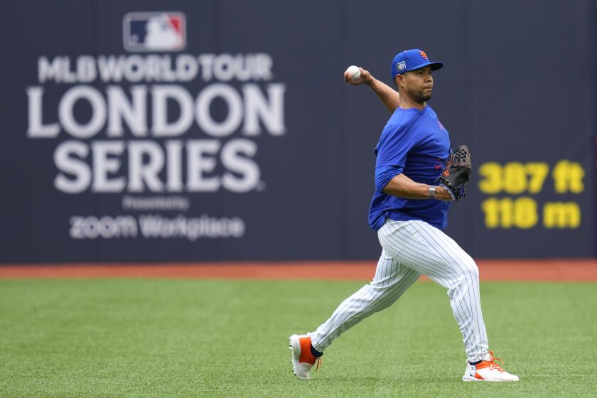 New York Mets Jose Quintana during a workout day at the London stadium in London, Friday, June 7, 2024. New York Mets will play games against Philadelphia Phillies at the stadium on June 8 and June 9. (AP Photo/Kirsty Wigglesworth)