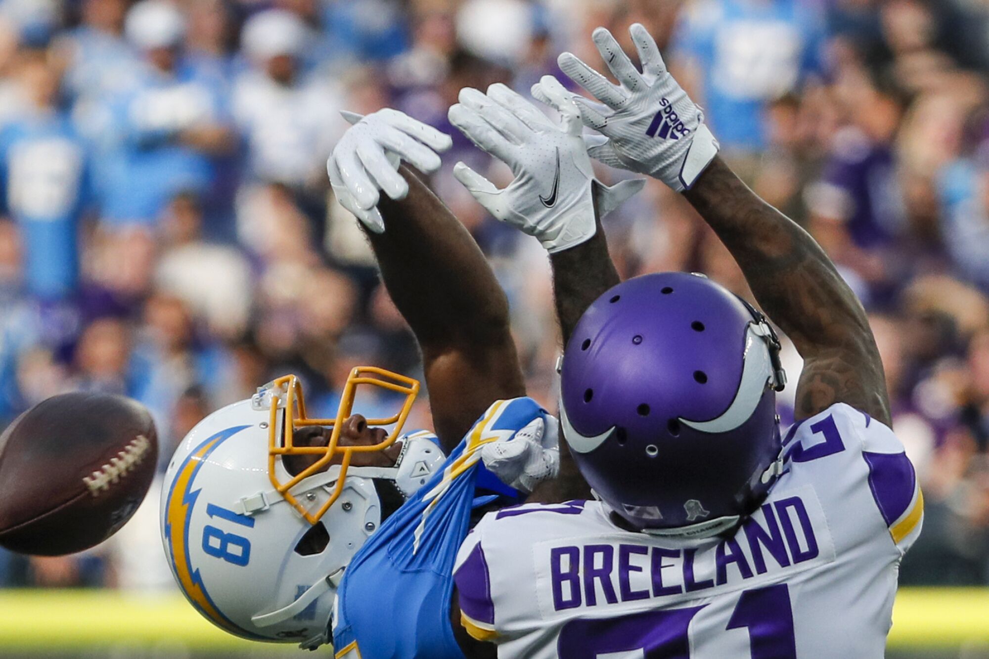 Vikings cornerback Bashaud Breeland interferes on a pass to Chargers wide receiver Mike Williams.
