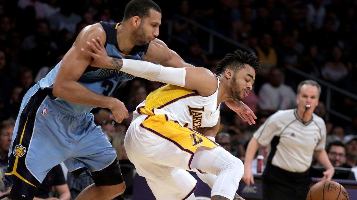 The Lakers' D'Angelo Russell, right, is fouled by Memphis Grizzlies' Brandan Wright during the second half Sunday.