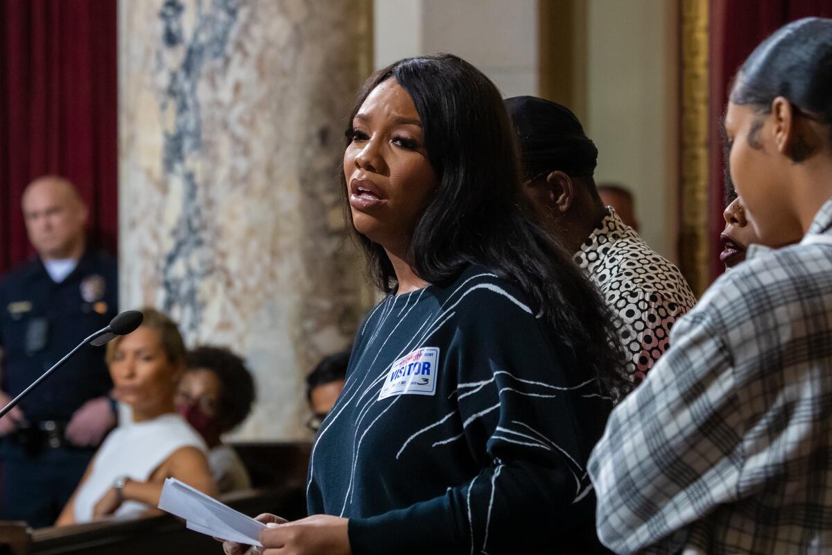 Dominique Anderson, sister of Keenan Anderson, killed by LAPD, speaks at the City Council meeting Tuesday
