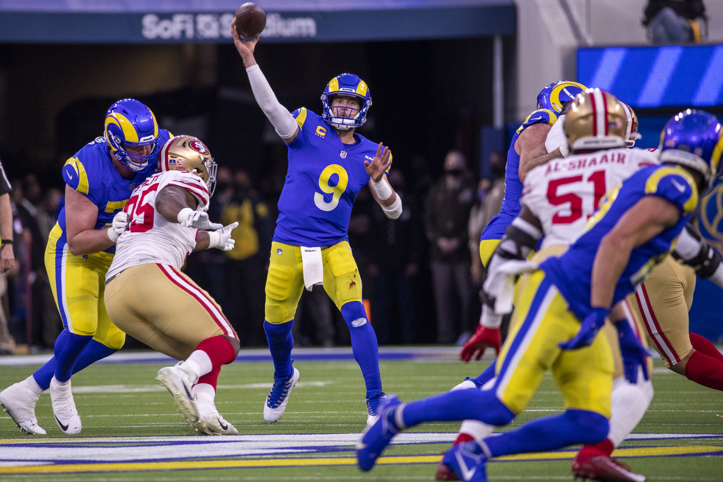 Rams quarterback Matthew Stafford passes during a 20-17 victory over the San Francisco 49ers.