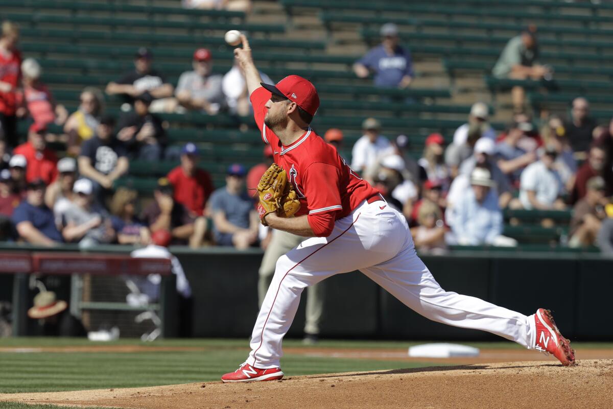 Angels' Matt Andriese throws during the first inning of a spring training game against the San Diego Padres on Thursday in Tempe, Ariz.