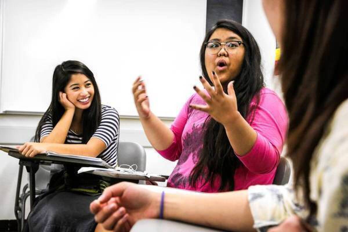 Kyla Artigo speaks during an Asian American studies class at Cal State Long Beach.