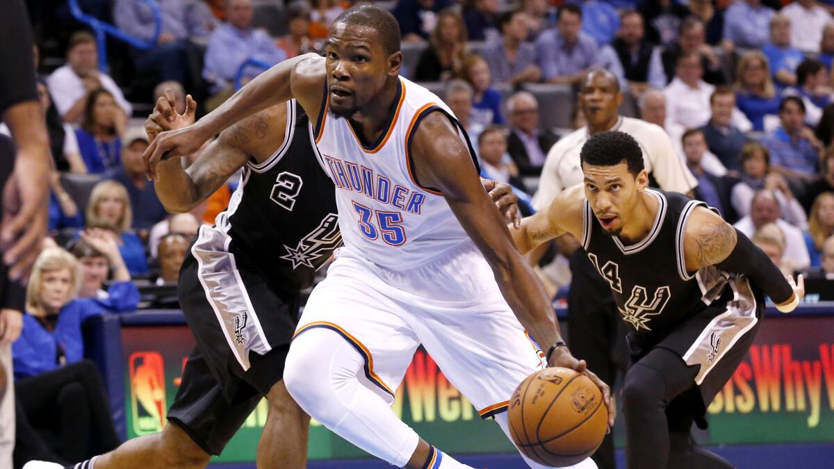 Thunder forward Kevin Durant drives against the Spurs during a game Oct. 28.