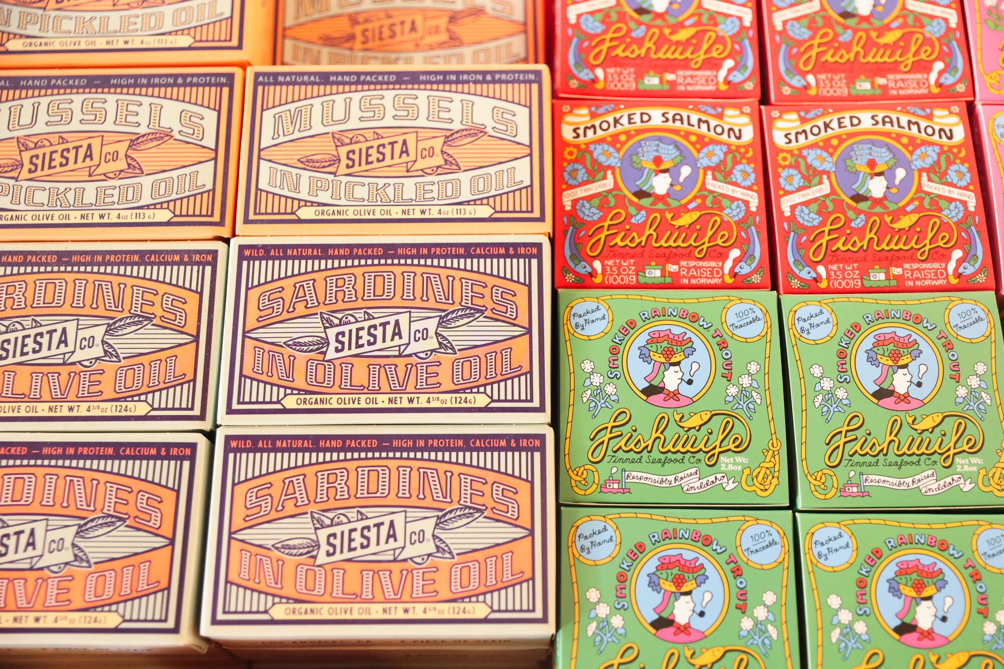 The colorful tinned fish boxes at Botanica restaurant's marketplace. 