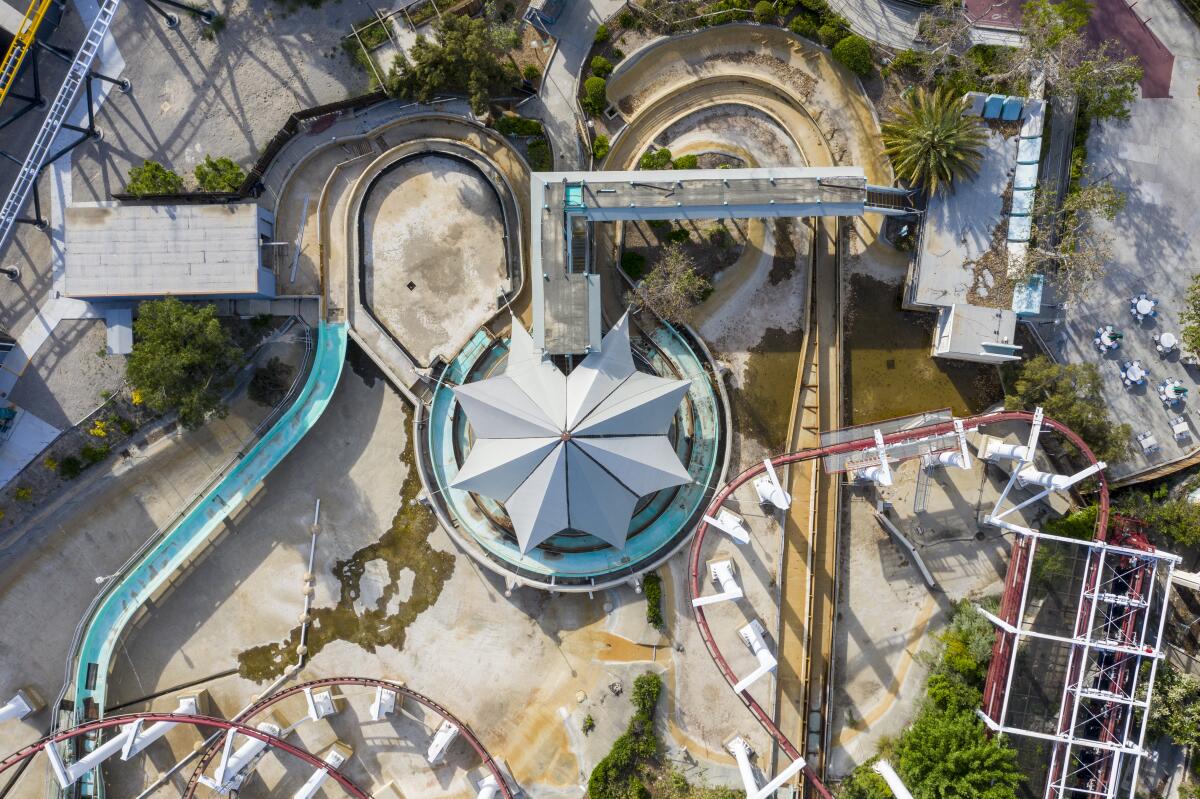 Aerial view of Six Flags Magic Mountain, closed due to the COVID-19 pandemic