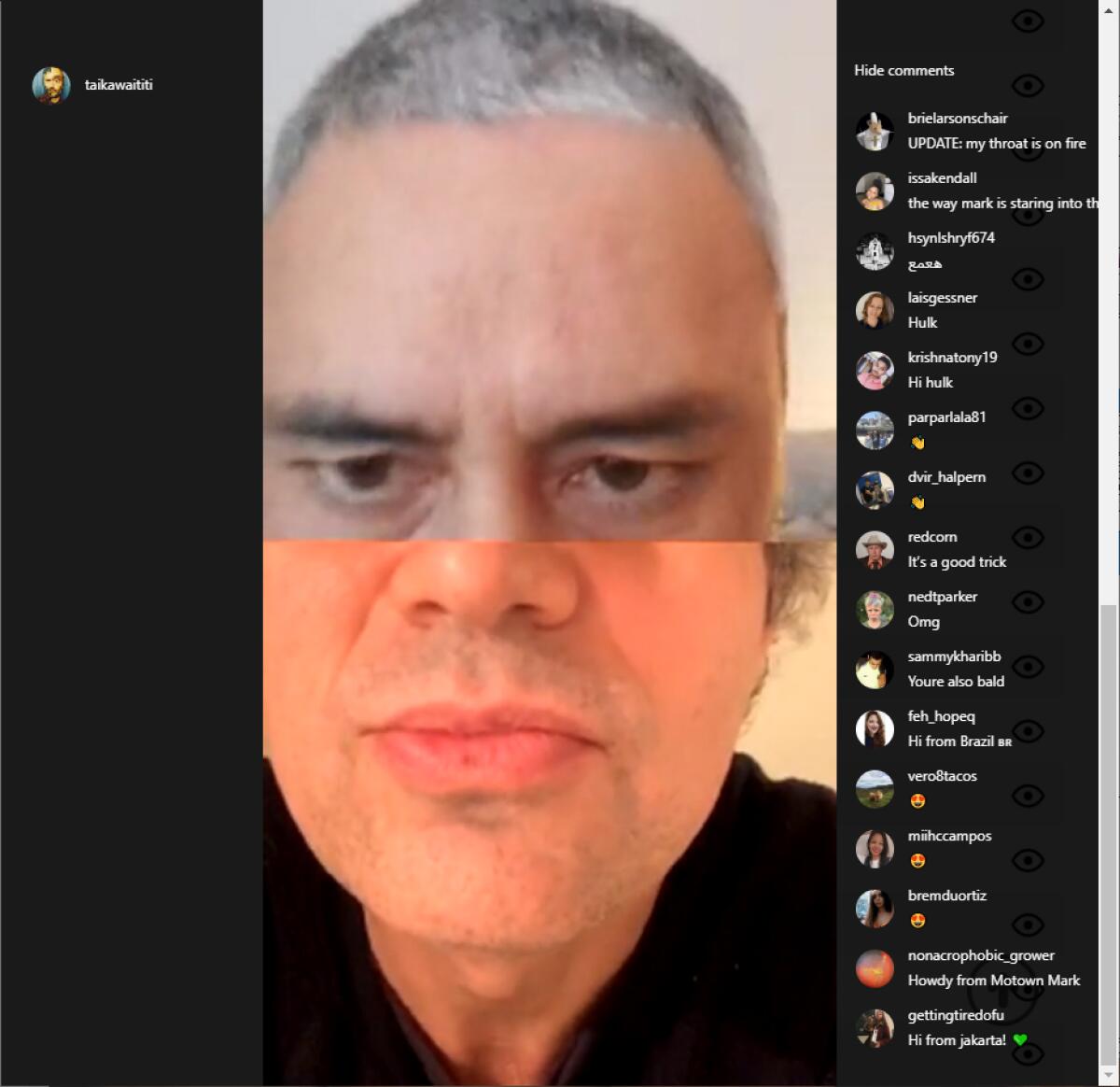 I am you and you are me: Taika Waititi, top, and Mark Ruffalo try to combine their faces into one to freak out fans during Waititi's Instagram Live watch party for "Thor: Ragnarok" on April 9.