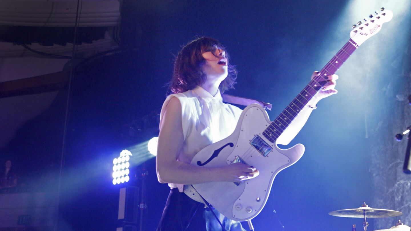 Carrie Brownstein performs during the Sleater-Kinney concert at the Palladium in Hollywood on April 30.