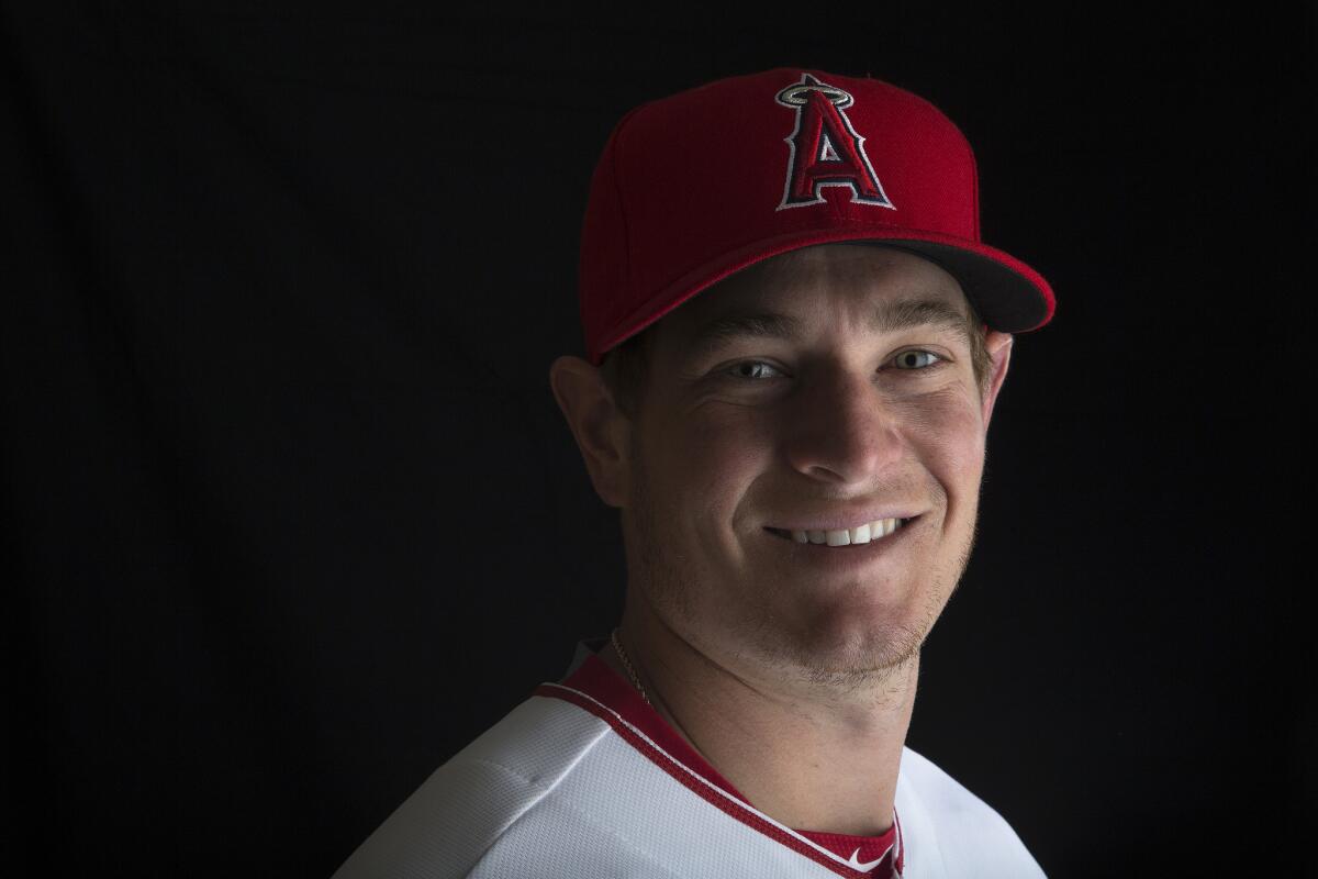 Angels right-handed pitcher Garrett Richards poses for a photoshoot during spring training.