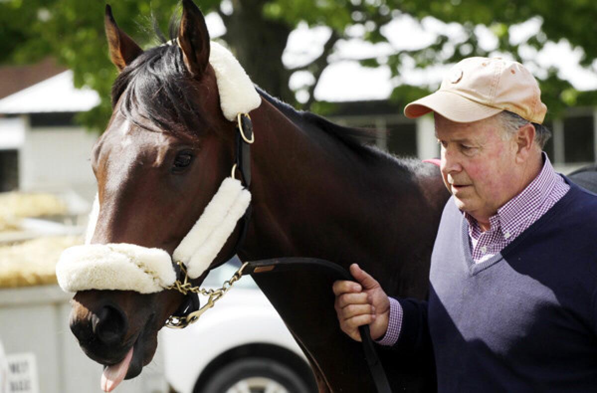 Assistant trainer Buzz Tenney leads Kentucky Derby winner Orb to a horse van at Belmont Park on Monday.