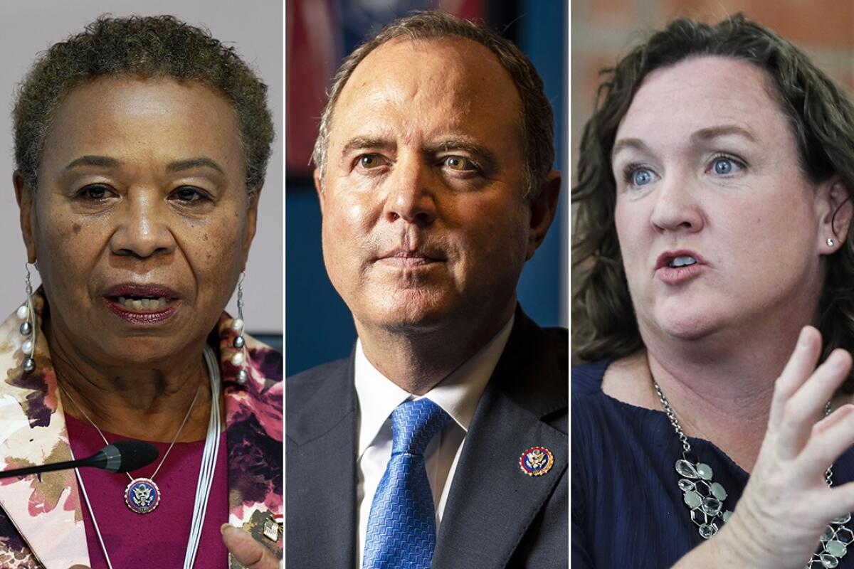 Side-by-side closeups of Reps. Barbara Lee, Adam B. Schiff and Katie Porter.