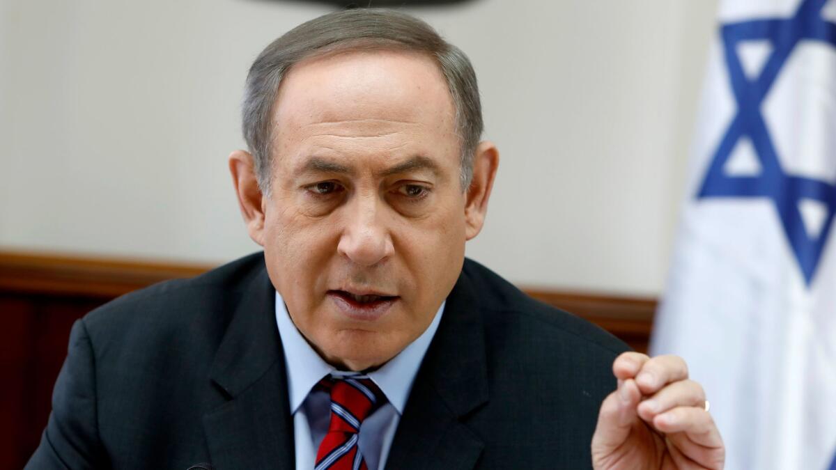 Israeli Prime Minister Benjamin Netanyahu chairs the weekly Cabinet meeting in Jerusalem on March 26, 2017.