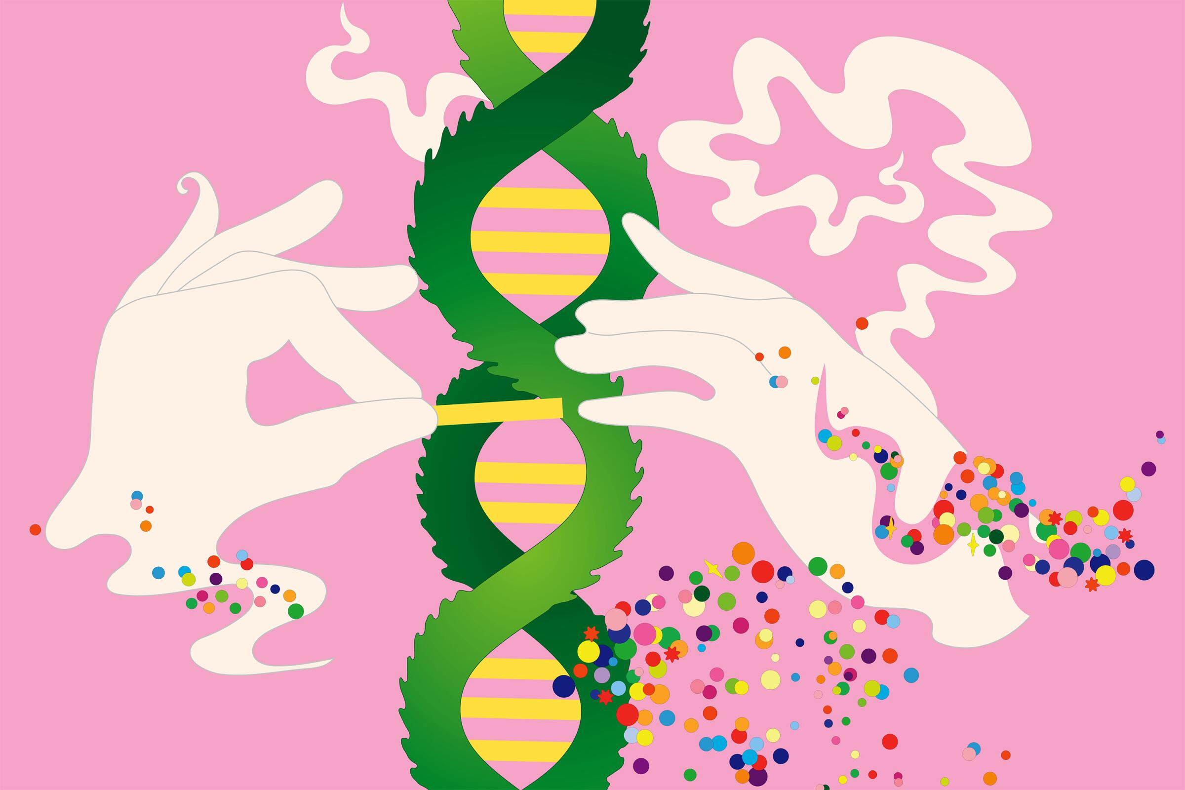 Illustration of two hands holding a joint in front of a DNA double helix
