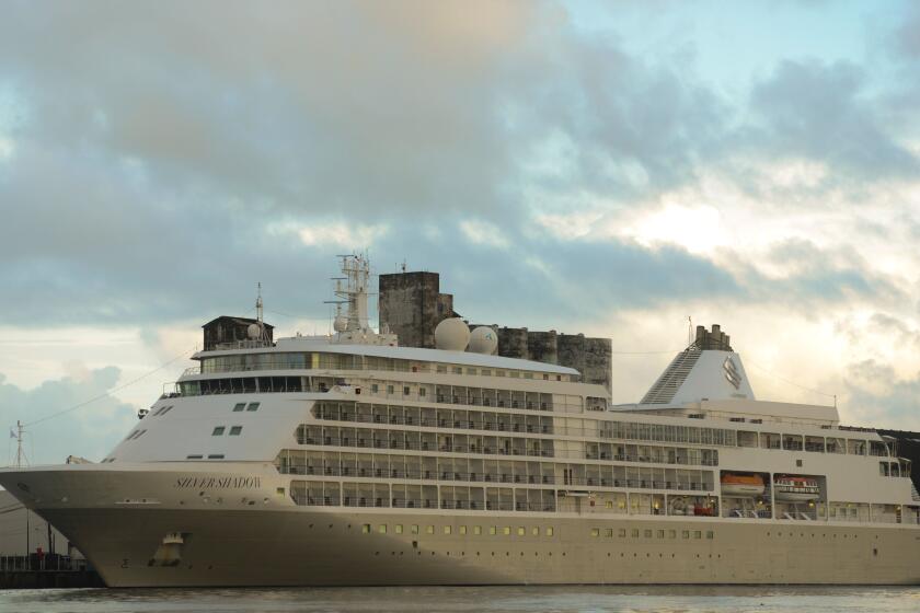 View of the Silver Shadow cruise ship, which is stranded in the port of Recife after a passenger was diagnosed with Coronavirus, in Recife, Brazil, on March 15, 2020. - The Silver Shadow and its 609 passengers from 18 nationalities, was quarantined at the port on March 12, 2020, after a 78-year-old Canadian tested positive for Coronavirus. (Photo by LEO CALDAS / AFP) (Photo by LEO CALDAS/AFP via Getty Images)