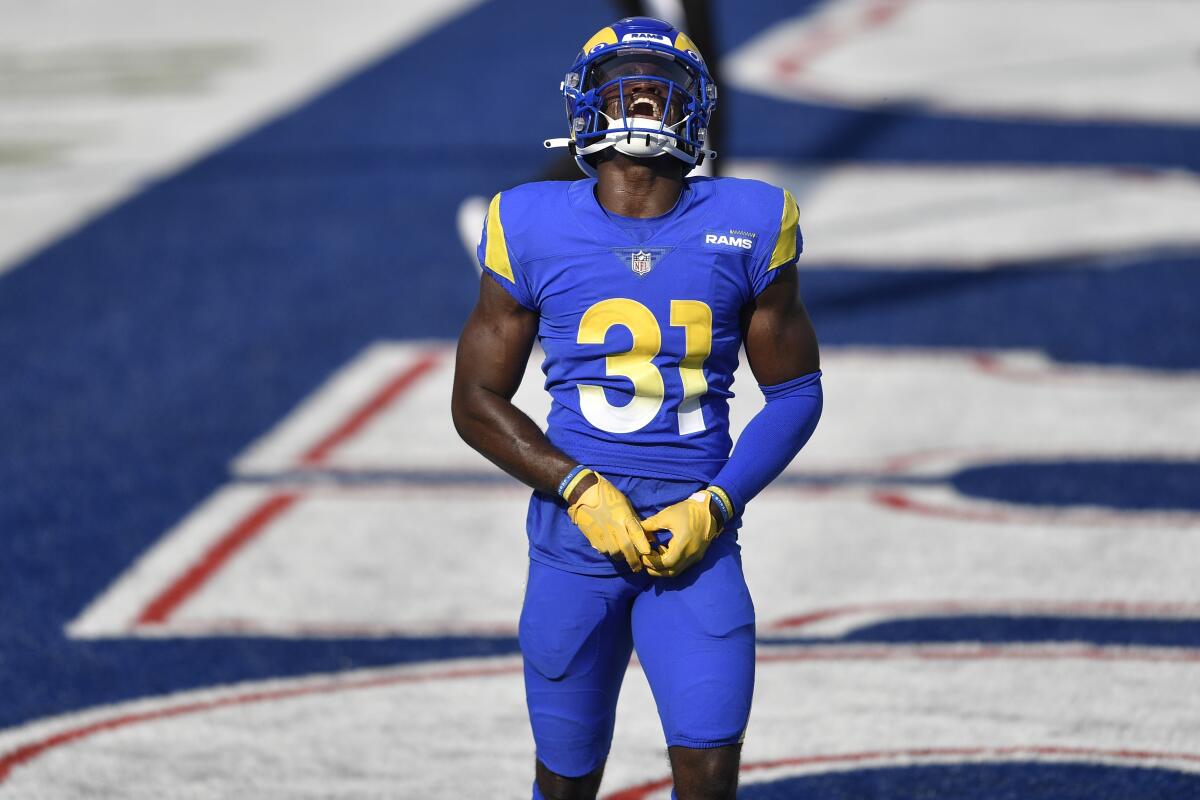 Rams' Darious Williams reacts during a game against the Buffalo Bills on Sunday.