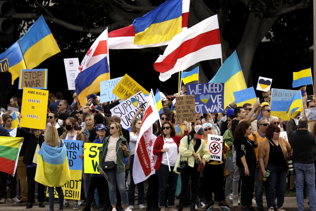 Hundreds of Ukrainian Americans and supporters of Ukraine rally.