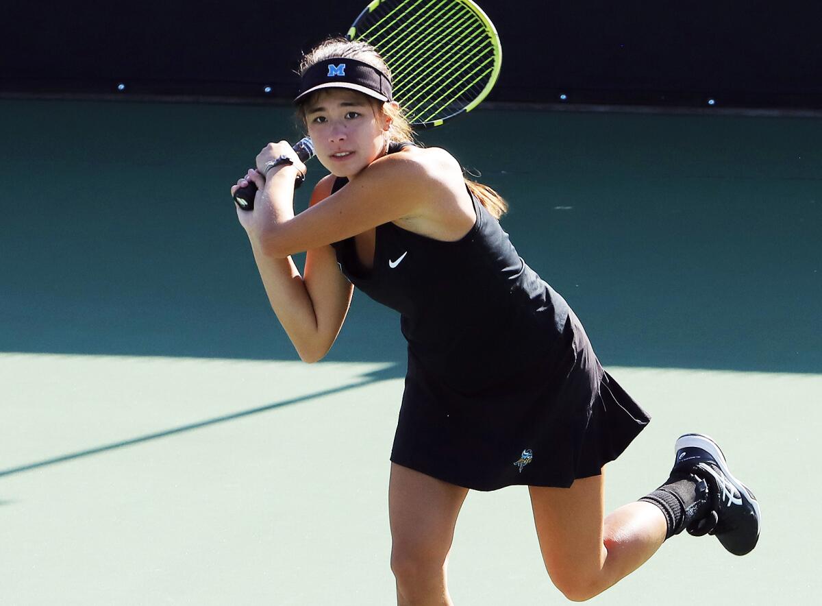 Marina's Mika Ikemori competes at Biszantz Family Tennis Center in Claremont on Nov. 30, 2022.
