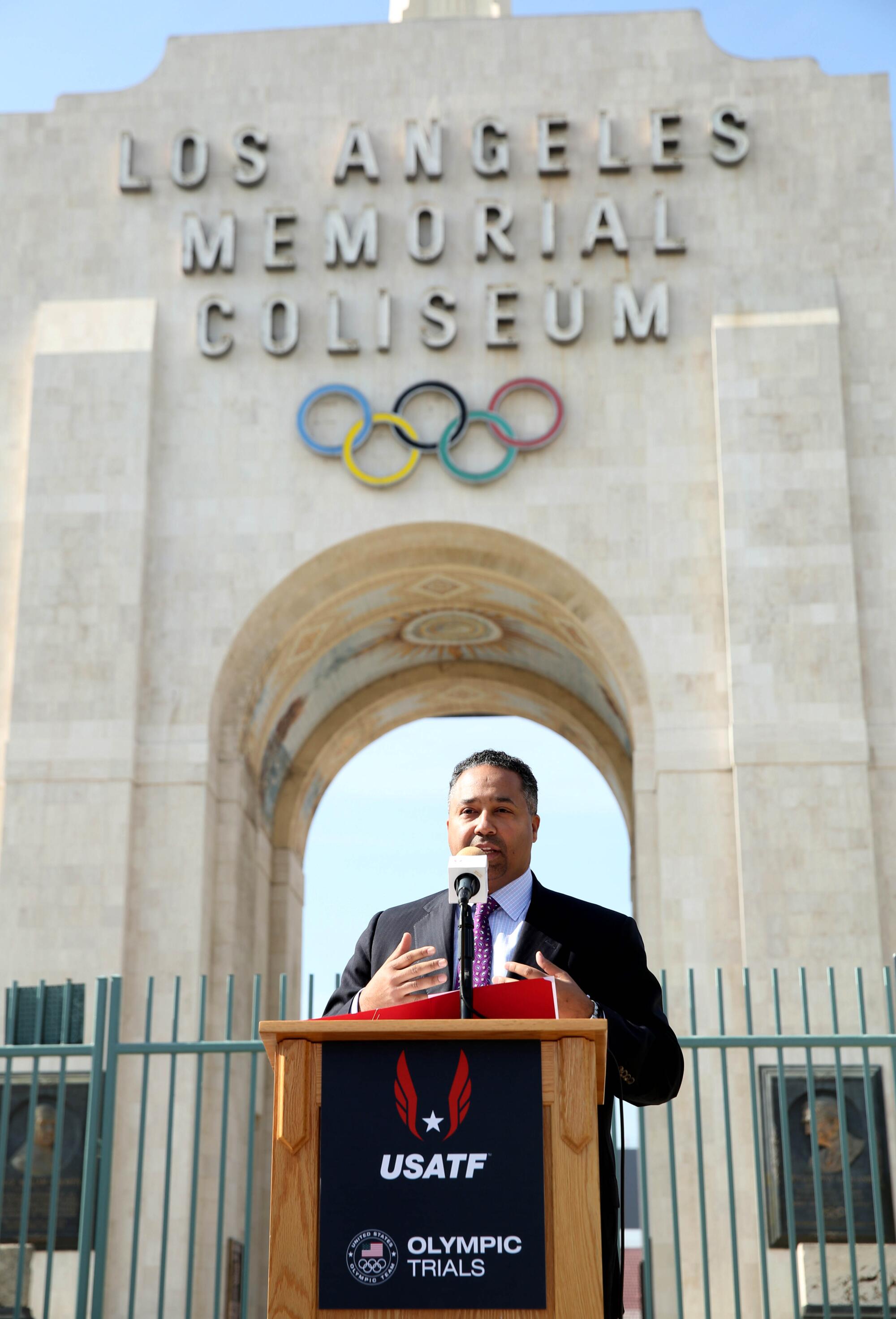 Max Siegel, CEO of USA Track and Field, speaks at a news conference at the Los Angeles Memorial Coliseum.