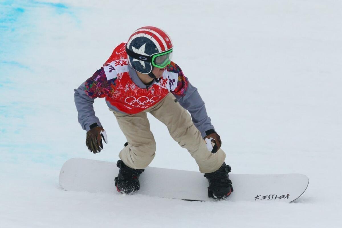 Trevor Jacob competes in the Olympic men's snowboard cross final.