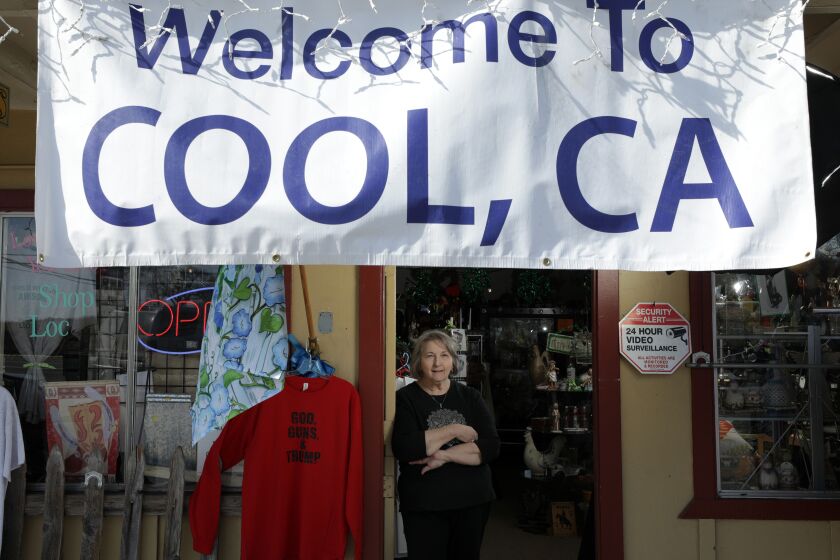 COOL, CA -- FEBRUARY 20, 2020: Rosie Borba owns Cool Florist in Cool, California and is worried that a Dollar General store proposed for across the street from her could put her out of business. Additionally, California State Parks wants to add 245 new campsites to the nearby Auburn State Recreation Area. The residents worry that the Dollar store will put local shops out of business and too many people, especially campers with fire pits, could start a catastrophic wildfire. The town can only be reached by a windy mountain road which already is a danger in fire season. (Myung J. Chun / Los Angeles Times)