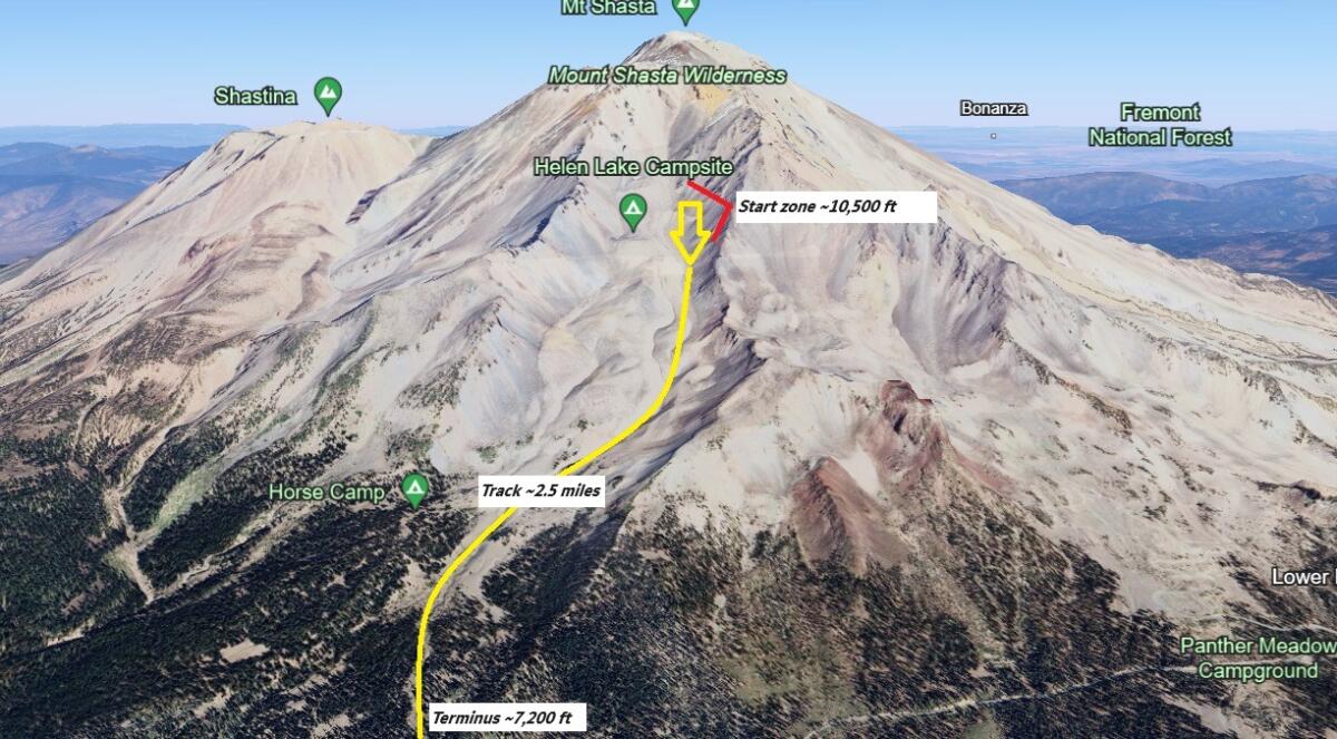 A graphic showing the path of a recent avalanche on Mt. Shasta.