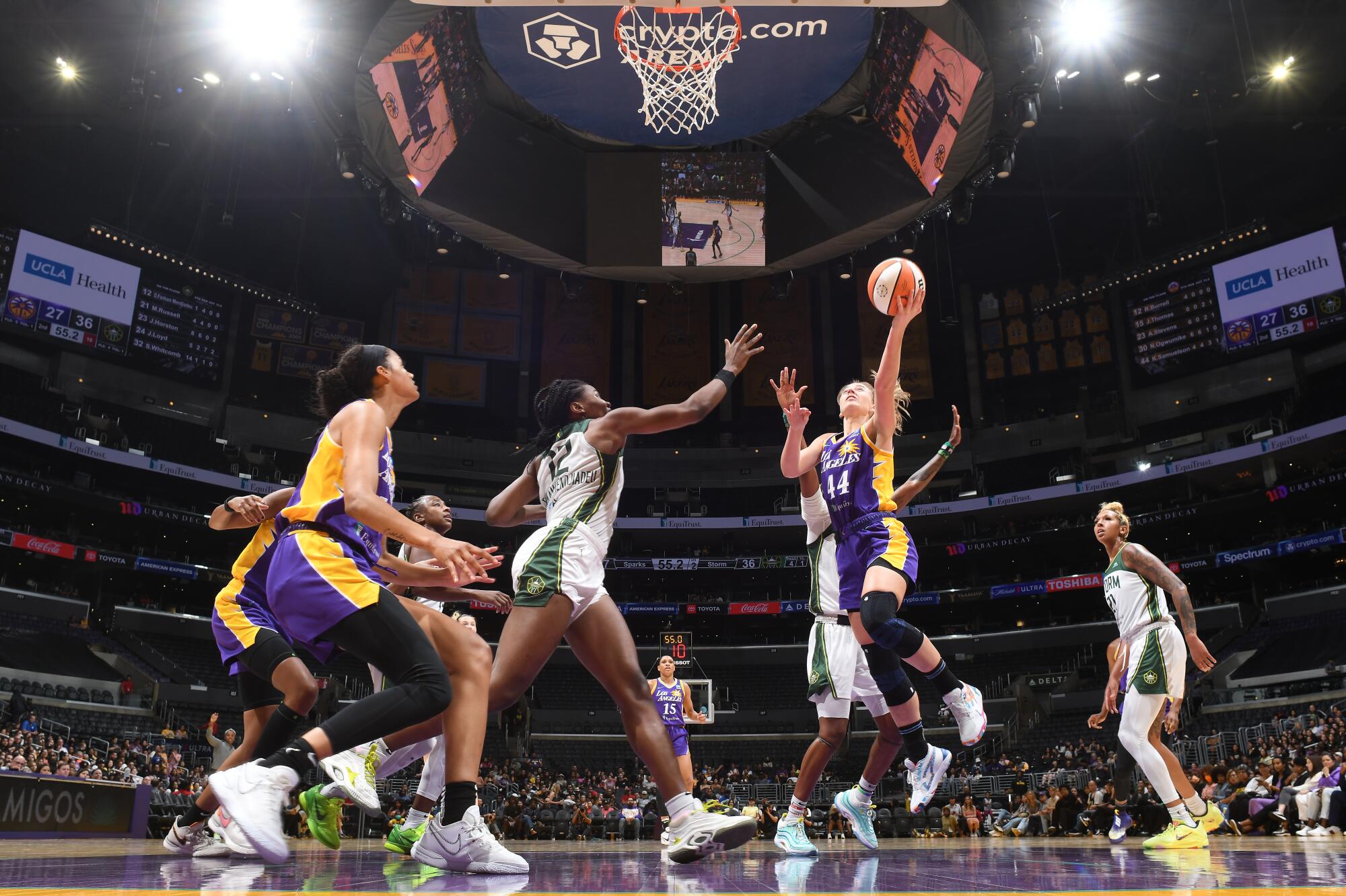 Sparks forward Karlie Samuelson drives down the lane for a layup against the Storm on Thursday at Crypto.com Arena.