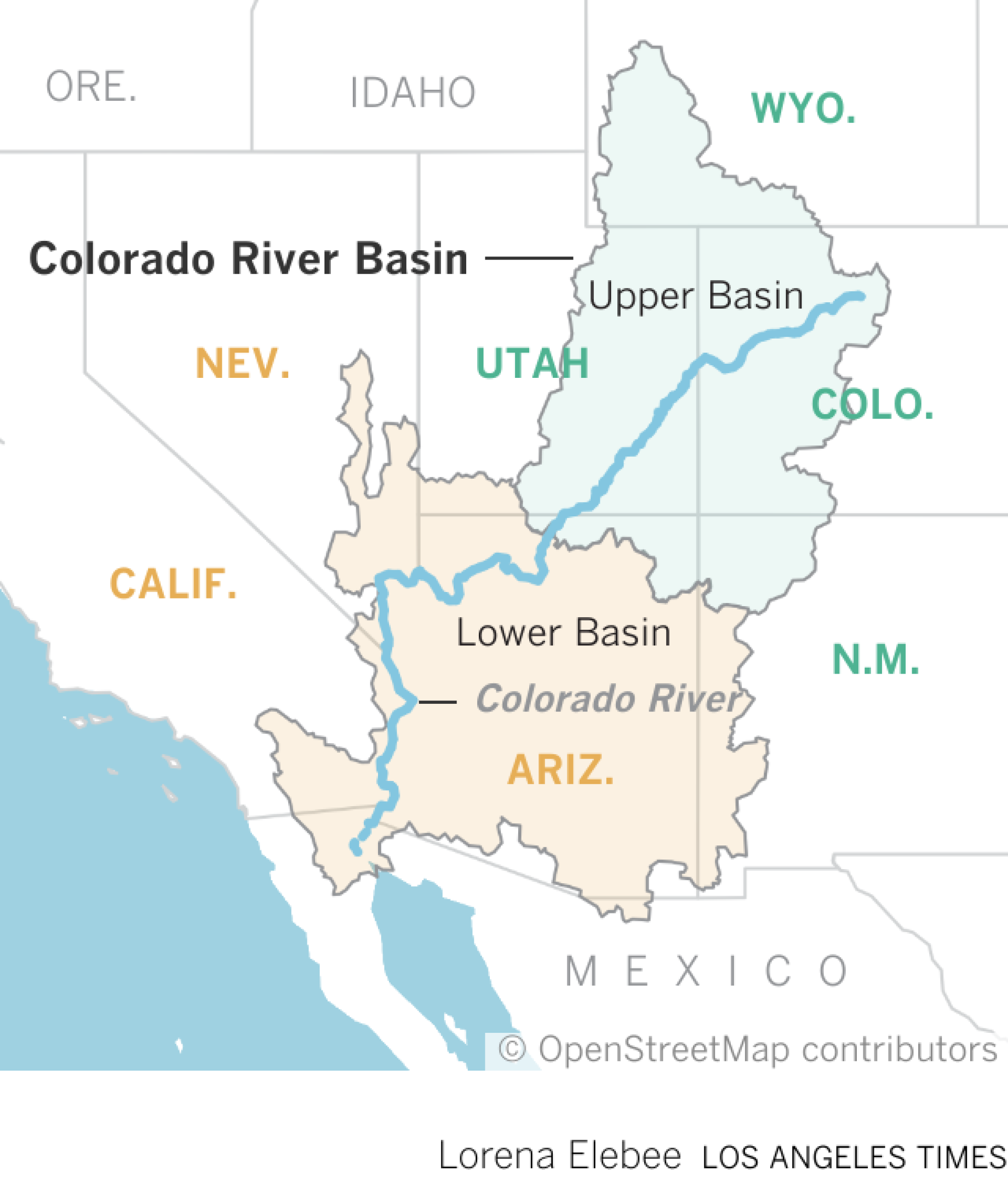 地图显示科罗拉多河，从落基山脉的源头到加利福尼亚湾。
