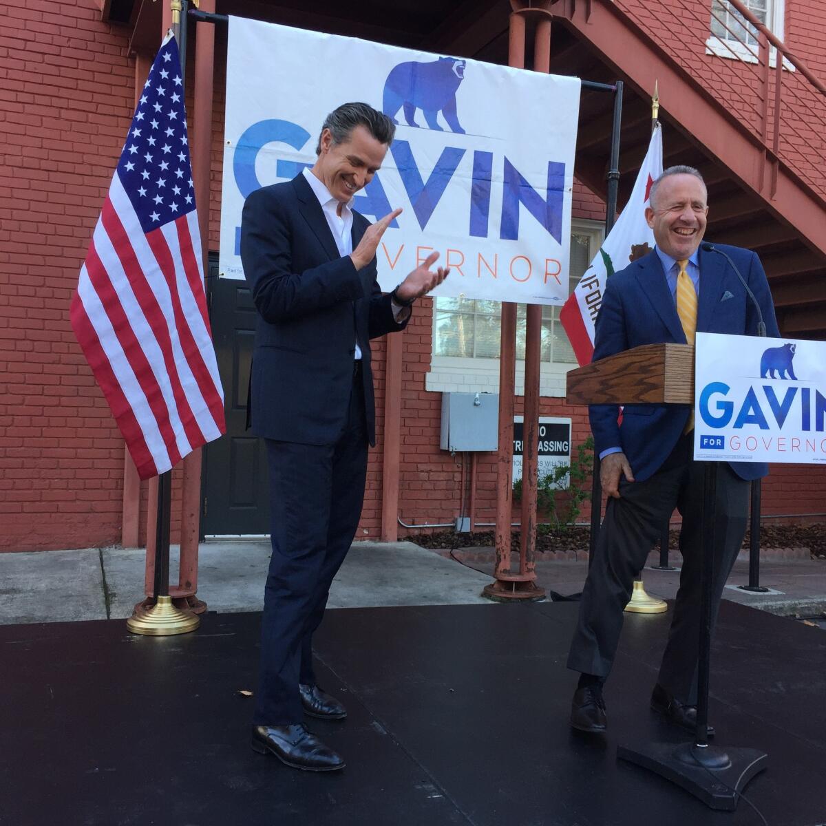 Sacramento Mayor Darrell Steinberg, right, endorses Lt. Gov. Gavin Newsom for governor on Monday.