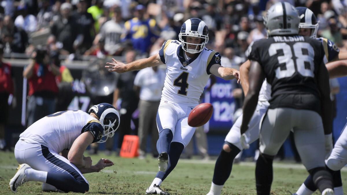 Rams' Greg Zuerlein launches one of his five field-goal attempts against the Oakland Raiders on Saturday.