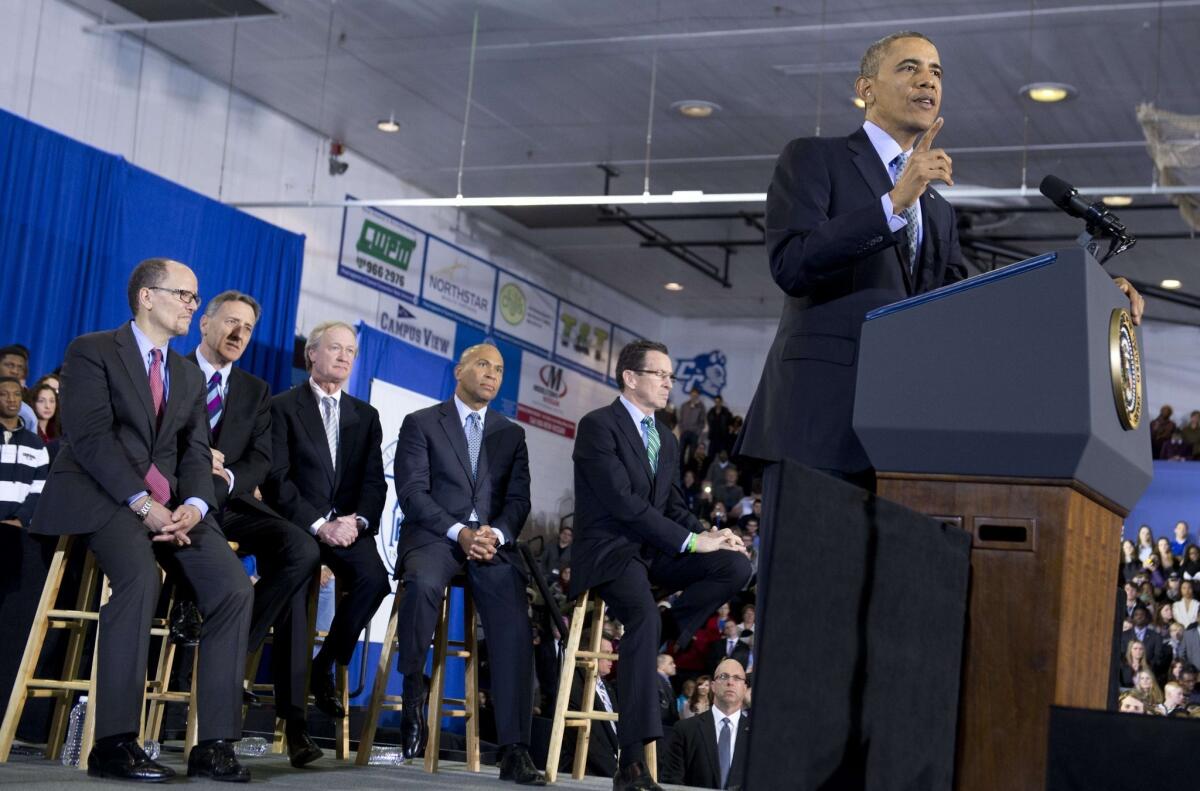 President Obama calls for a higher minimum wage at Central Connecticut State University in New Britain, Conn., along with his Labor secretary and several New England governors.
