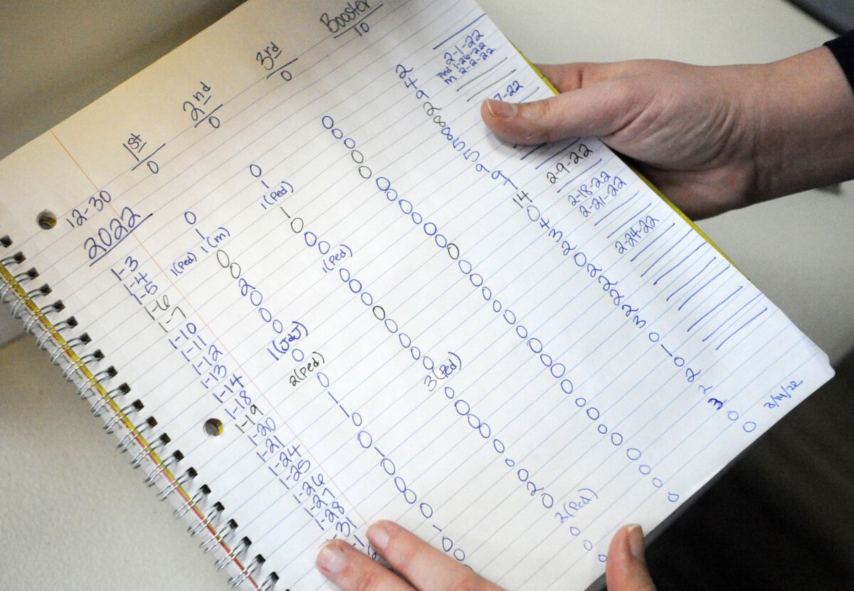 A log that shows how few COVID-19 vaccinations have been given at the Marion County Health Department in Hamilton, Ala.
