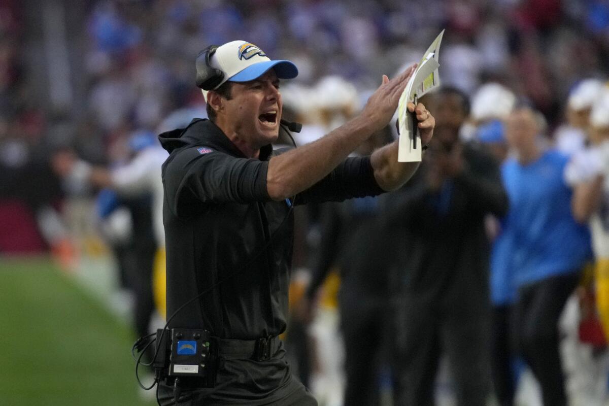 Chargers coach Brandon Staley reacts on the sideline during a win over the Arizona Cardinals on Nov. 27.