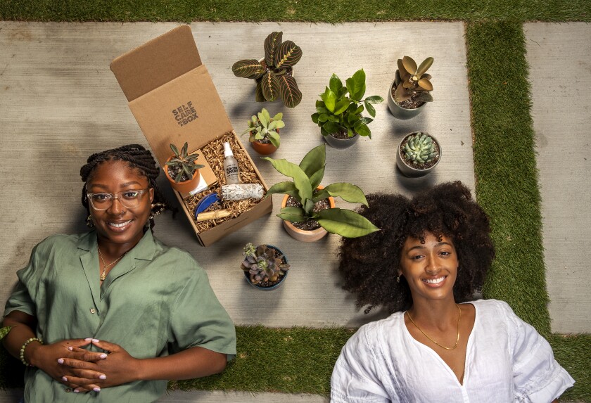 Two women lie on a lawn amid potted plants and a gift box.