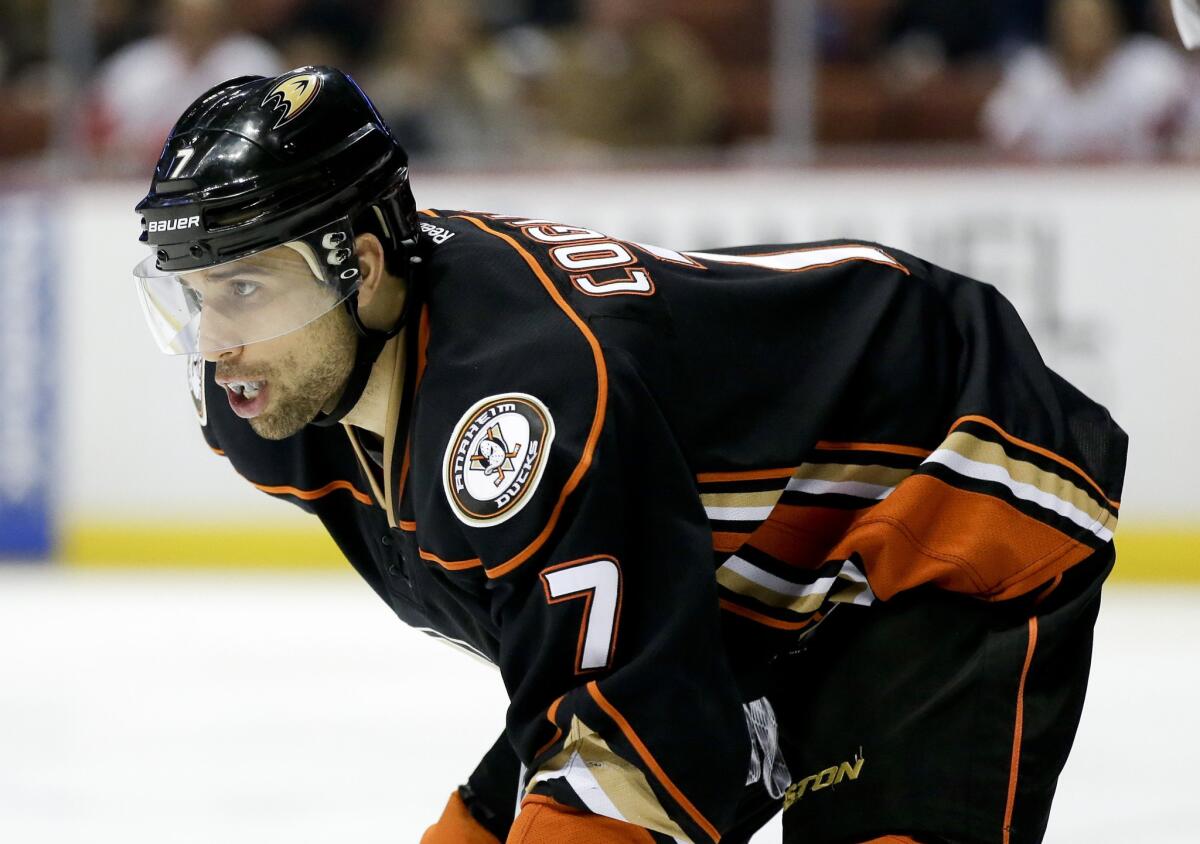 Ducks center Andrew Cogliano scored the first of three third-period goals for Anaheim in a 4-3 shootout victory over the Detroit Red Wings on Monday at Honda Center.
