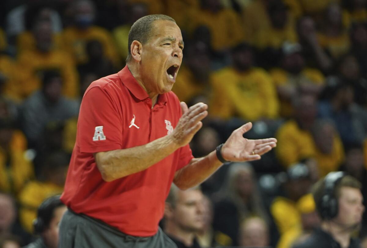 Houston head coach Kelvin Sampson yells during the first half of an NCAA college basketball game against Wichita State in Wichita, Kan., Thursday, Feb. 2, 2023. (Jaime Green/The Wichita Eagle via AP)