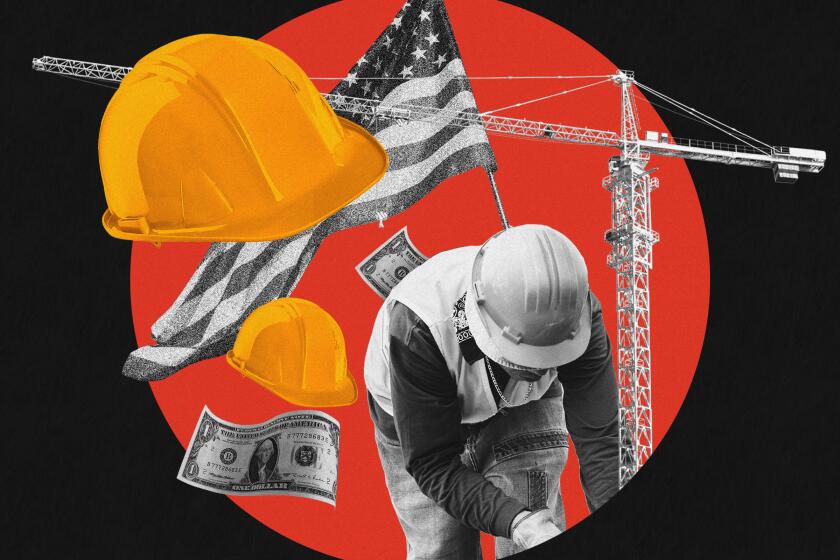 Construction worker with an American Flag behind him and work helmets.