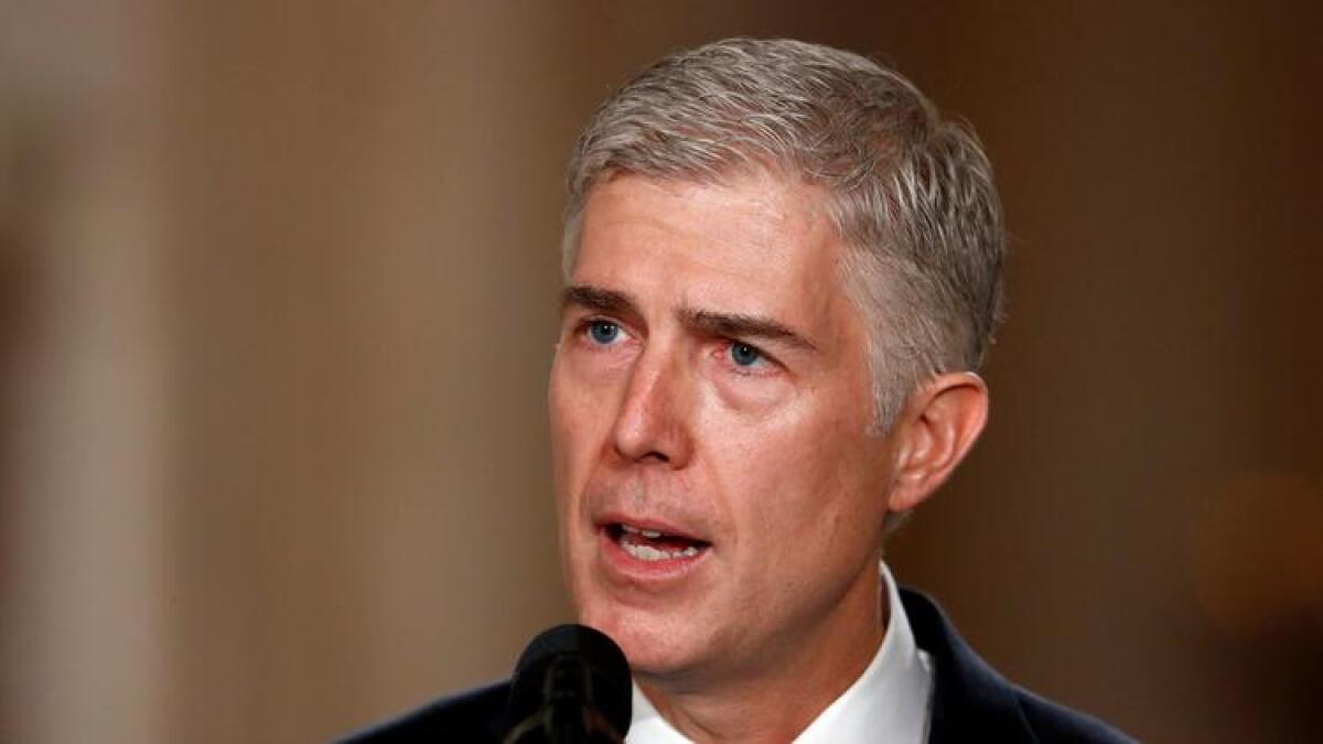 Judge Neil Gorsuch speaks at the White House on Jan. 31 after President Trump announced his nomination to the Supreme Court.