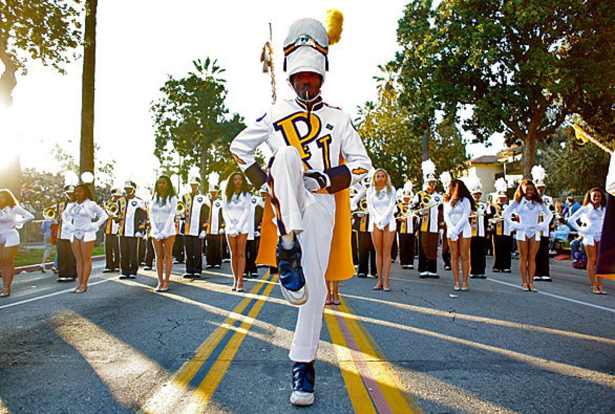 The Prairie View A&M University Marching Storm Band marching at the Rose Parade.