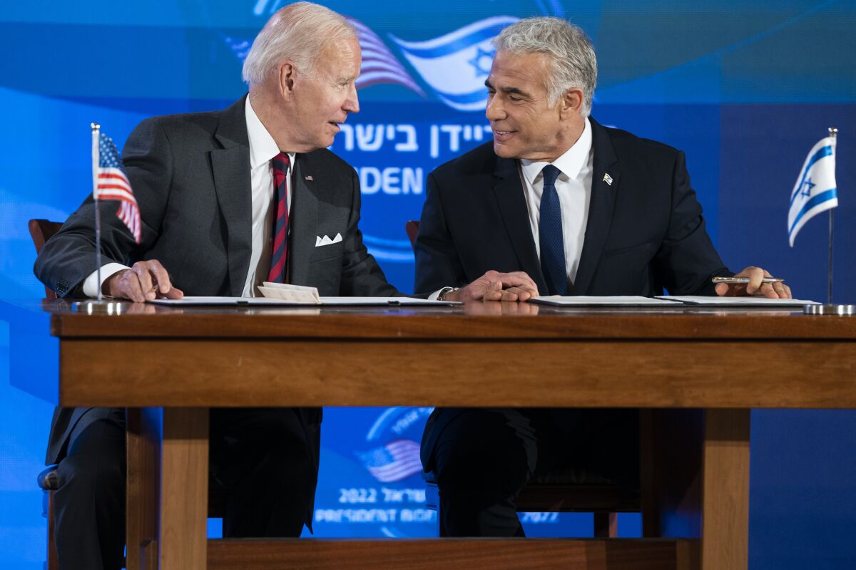 U.S. President Joe Biden gives a press conference with Israel's Prime Minister Yair Lapid.