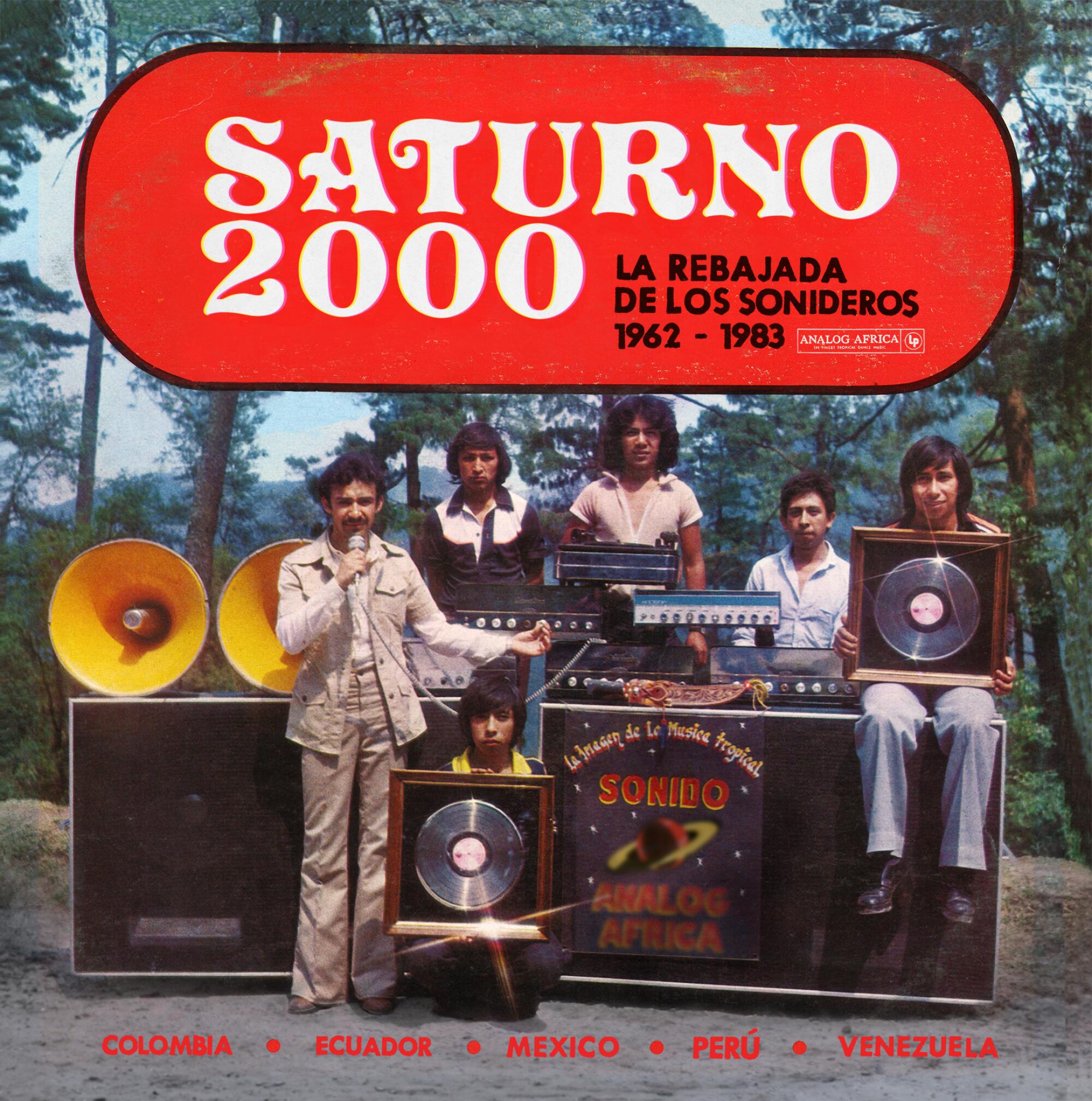 An album cover shows a vintage photo of Latin American DJs sitting on a speaker stack outdoors