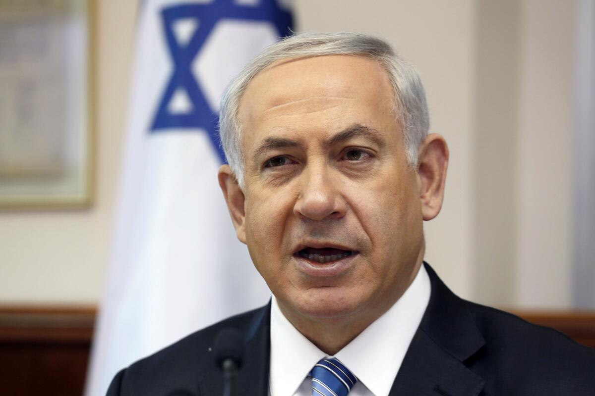 Israeli Prime Minister Benjamin Netanyahu chairs the weekly cabinet meeting in his office in Jerusalem, Sunday, April 6, 2014. On Thursday, the Israeli government followed through on threats to impose sanctions on the Palestinian Authority amid an impasse in peace negotiations.
