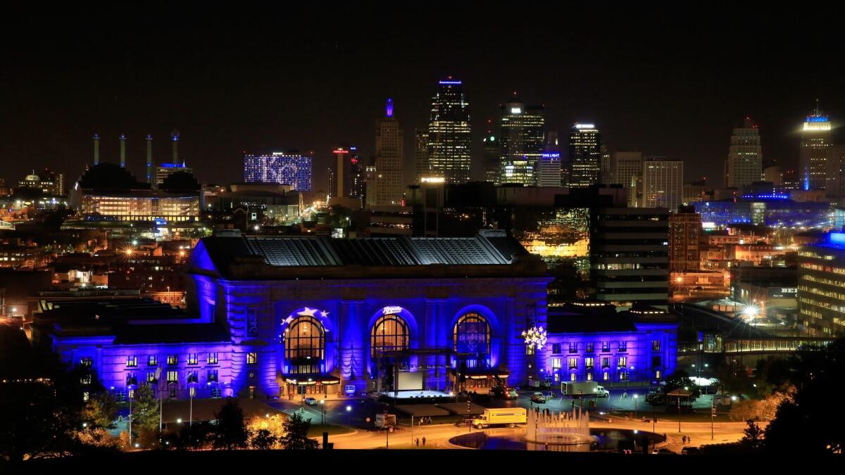 Kansas City's Union Station glows blue in honor of the Royals' World Series win in 2015.