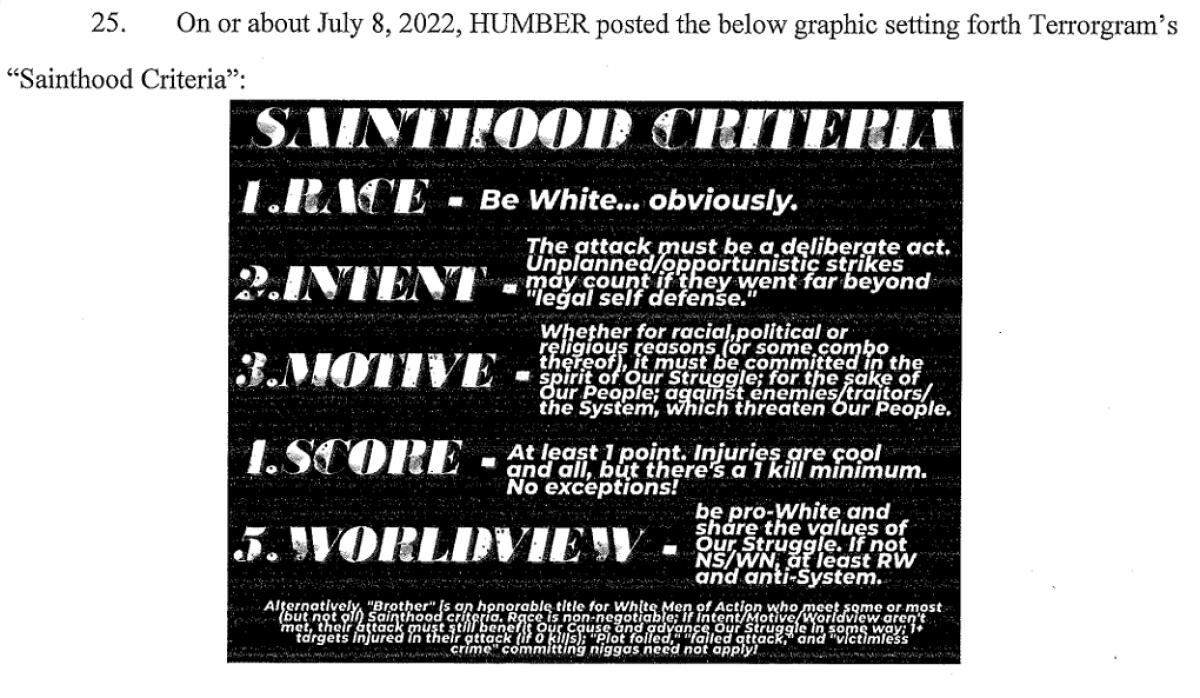 Humber posted the below graphic setting forth Terrorgram's "Sainthood Criteria" 