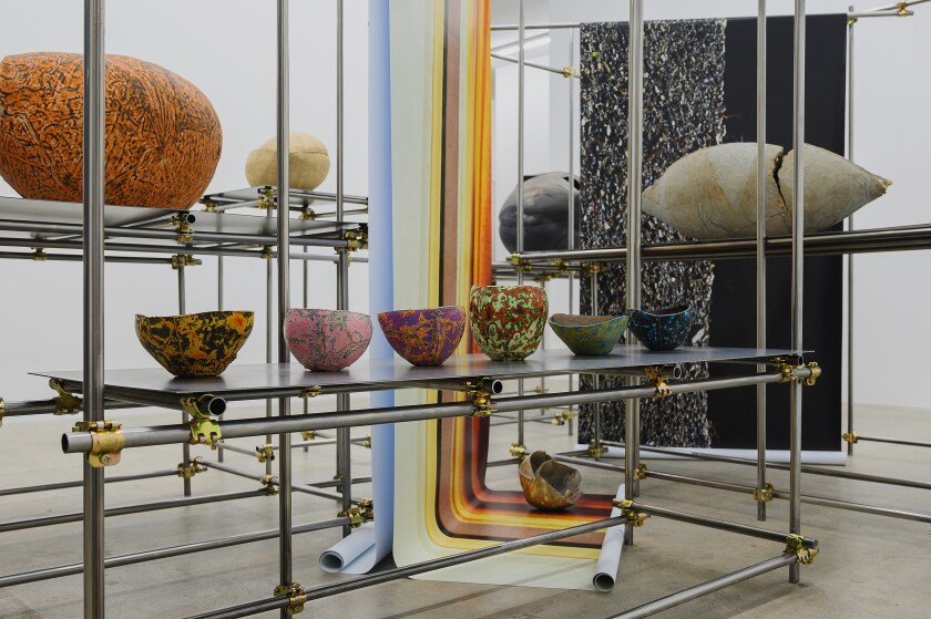 Keita Matsunaga's ceramics have been installed at the L.A. gallery Nonaka-Hill on a scaffolding that mirrors the architectural nature of the work.