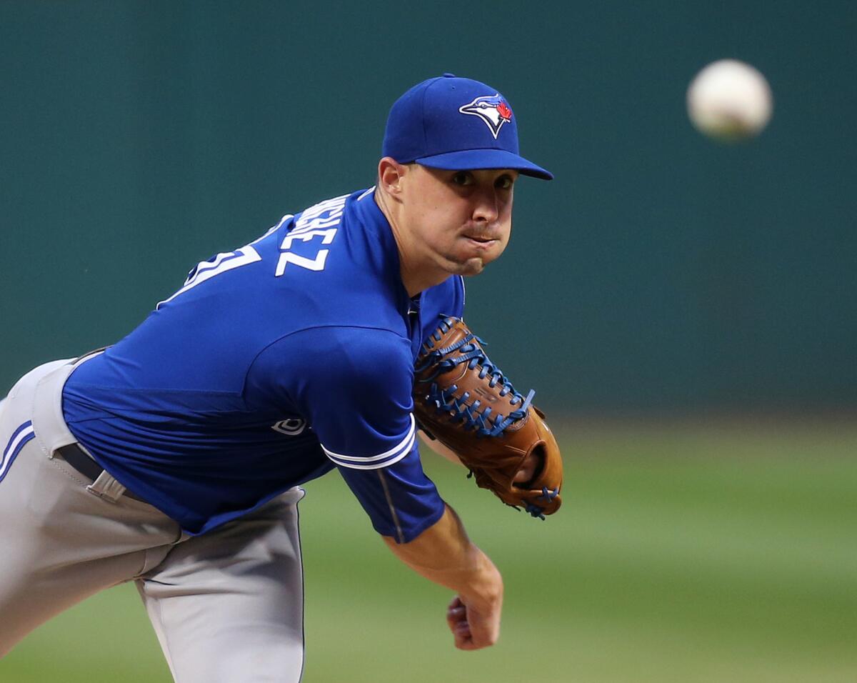 Blue Jays starting pitcher Aaron Sanchez throws during the first inning against the Cleveland Indians on Aug. 20.