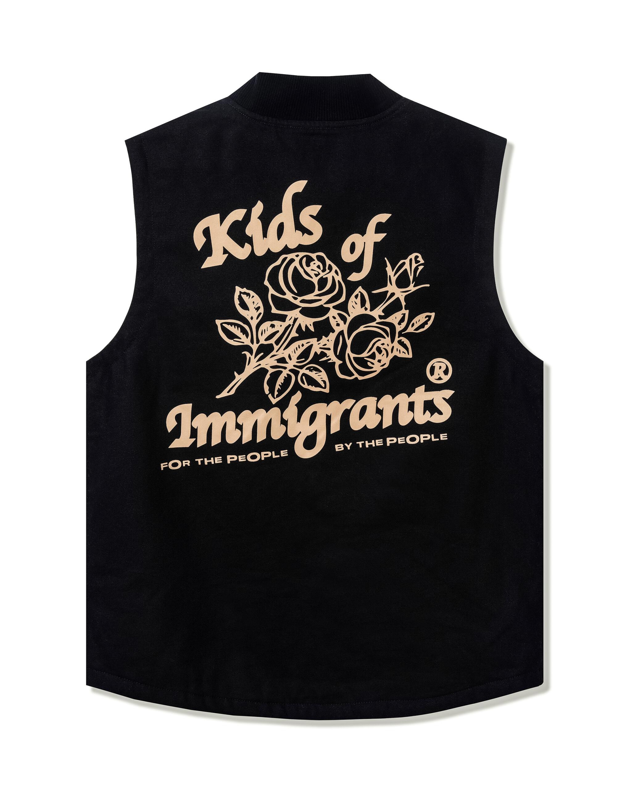 a black vest with the words “Kids of Immigrants” on its back