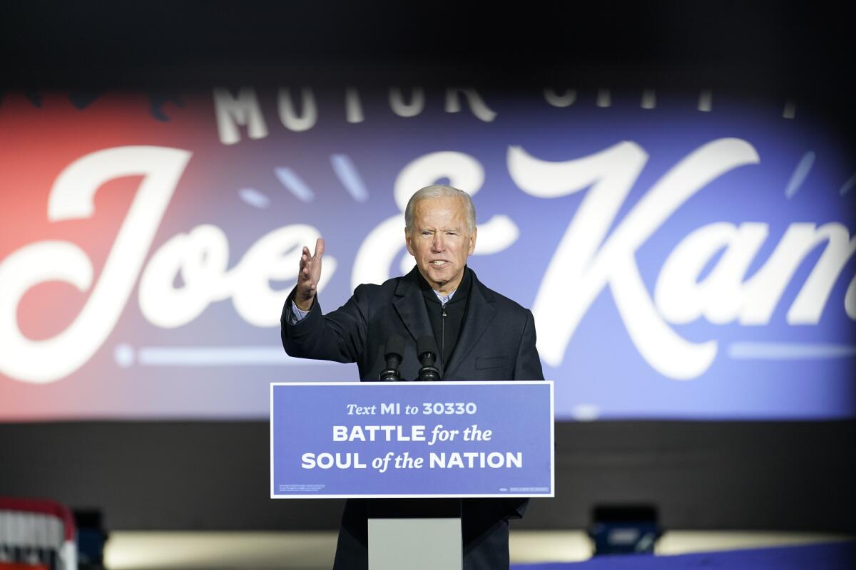 Joe Biden speaks at a rally at Belle Isle Casino in Detroit on Saturday.